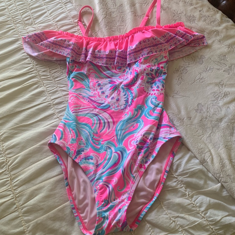 Lilly Pulitzer pink fiesta one piece off shoulder don’t be jelly swimsuit 0